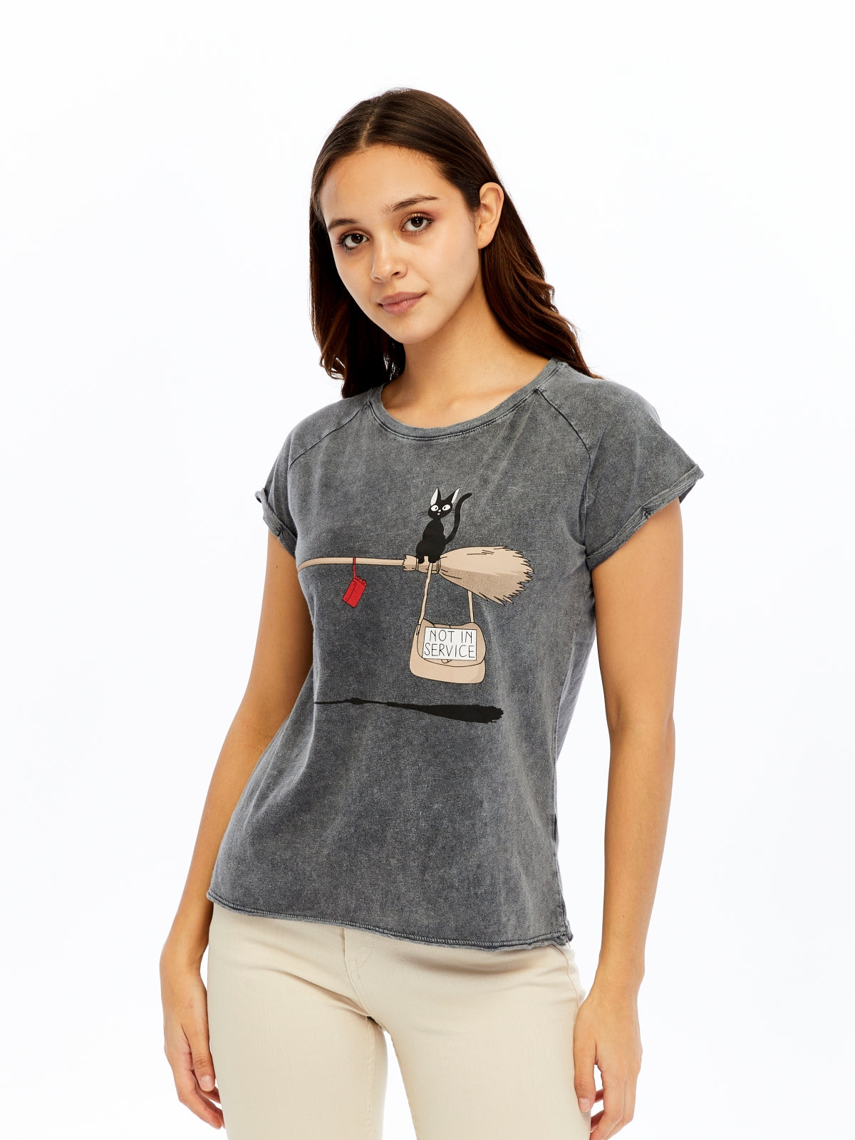 Stone washed Not in Service Black Cat  Printed Cotton Women T-shirt