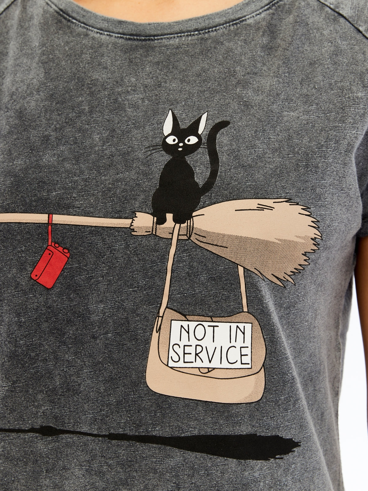 Stone washed Not in Service Black Cat  Printed Cotton Women T-shirt