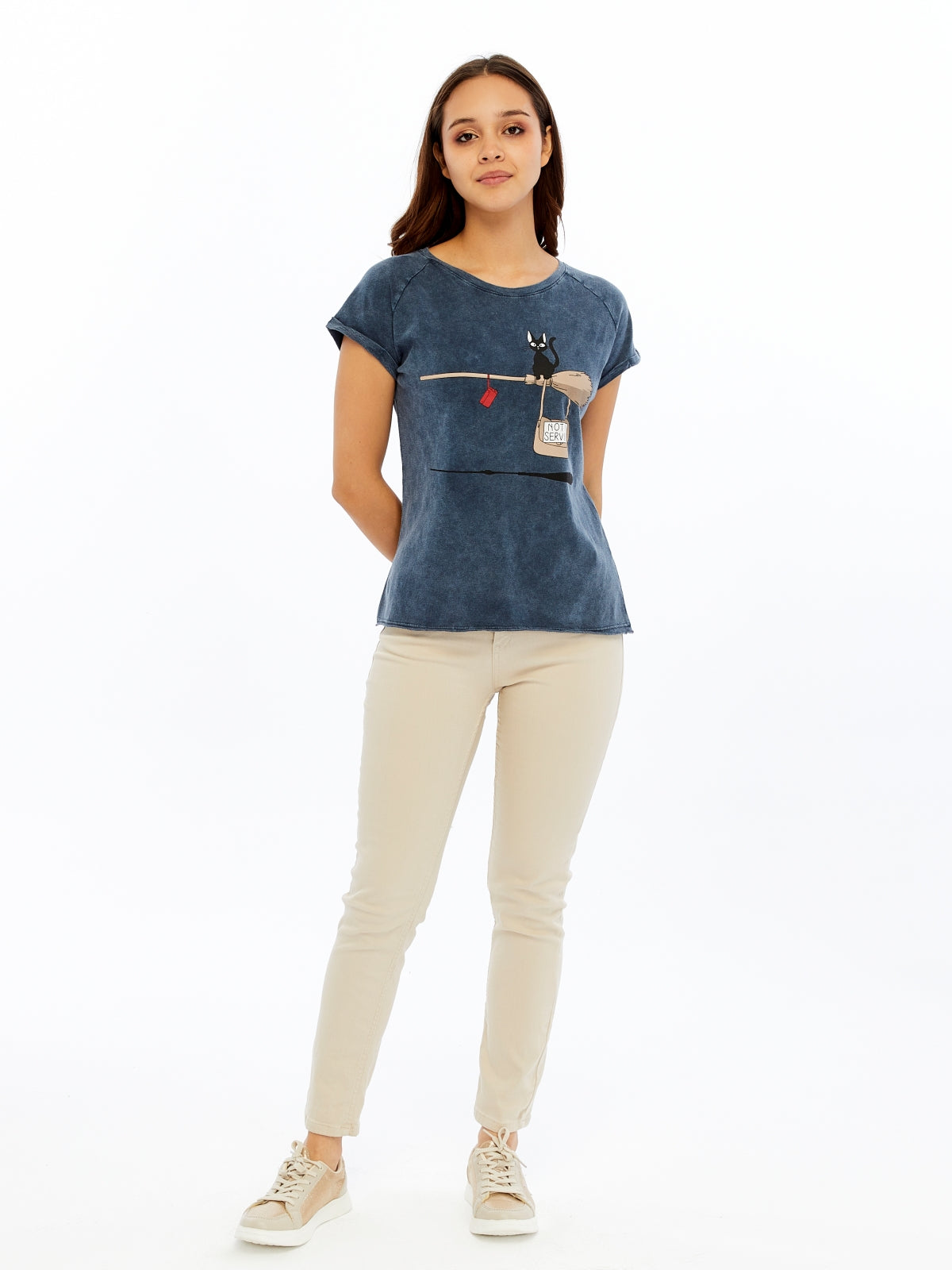 Stone washed Not in Service Black Cat  Printed Cotton Women T-shirt