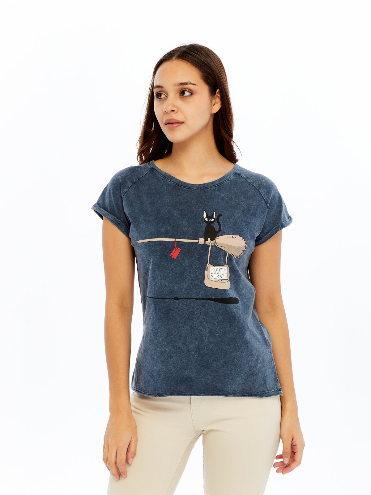 Stone washed Not in Service Black Cat  Printed Cotton Women T-shirt