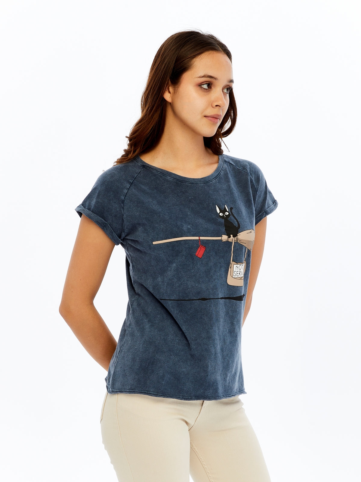 Stone washed Not in Service Black Cat  Printed Cotton Women T-shirt
