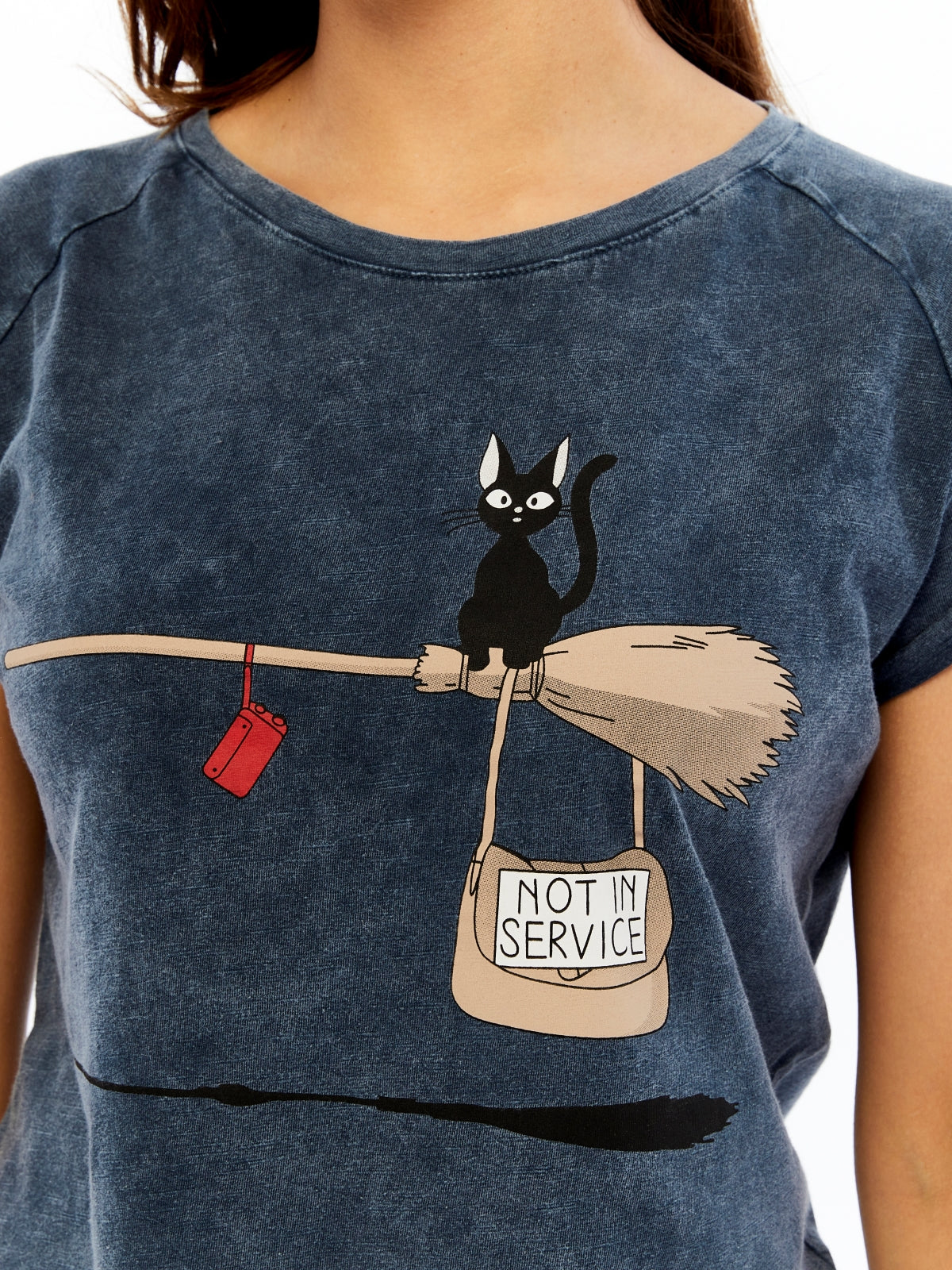 Stone washed Not in Service Black Cat  Printed Cotton Women T-shirt