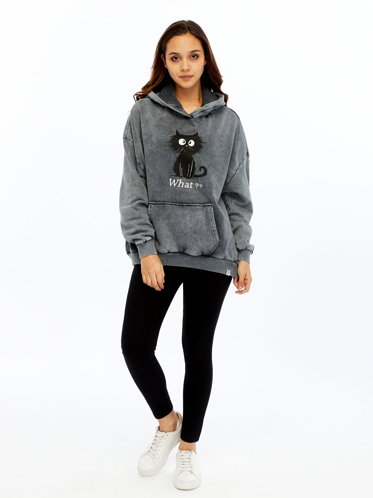 What ?? Cute Funny Cat  Printed  Acid Washed Women Cotton Hoodie