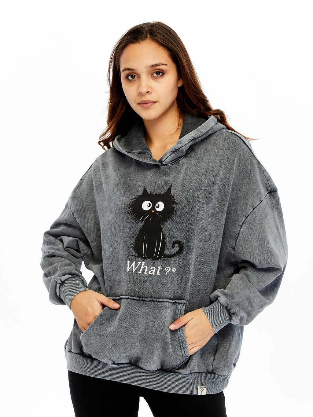 What ?? Cute Funny Cat  Printed  Acid Washed Women Cotton Hoodie