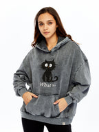 What ?? Cute Funny Cat  Printed  Acid Washed Women Cotton Hoodie