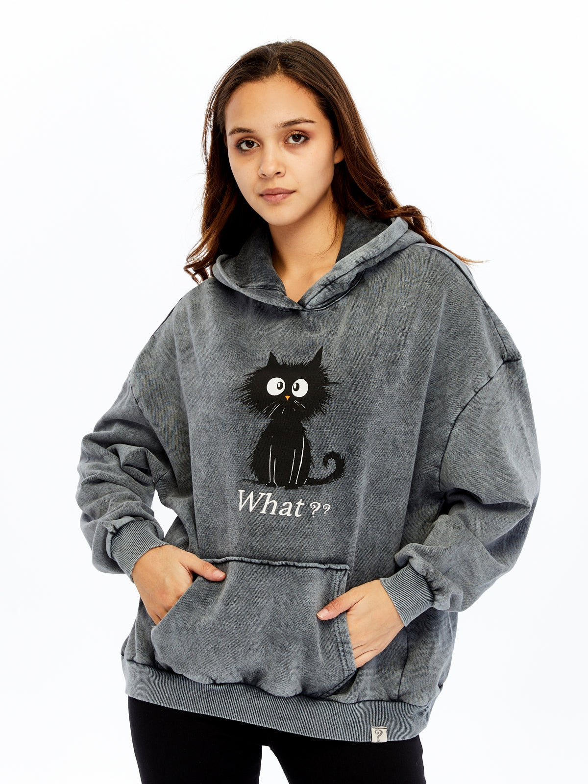 What ?? Cute Funny Cat  Printed  Acid Washed Women Cotton Hoodie