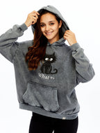 What ?? Cute Funny Cat  Printed  Acid Washed Women Cotton Hoodie