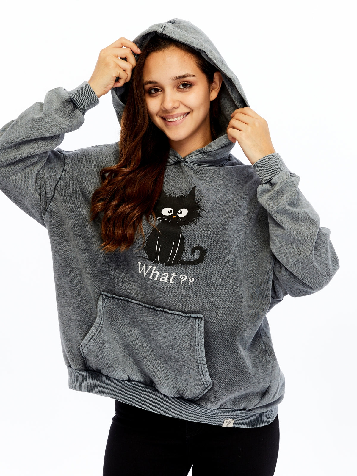 What ?? Cute Funny Cat  Printed  Acid Washed Women Cotton Hoodie