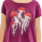 Stone Washed Jelly Fish Mushroom Print Women's Top