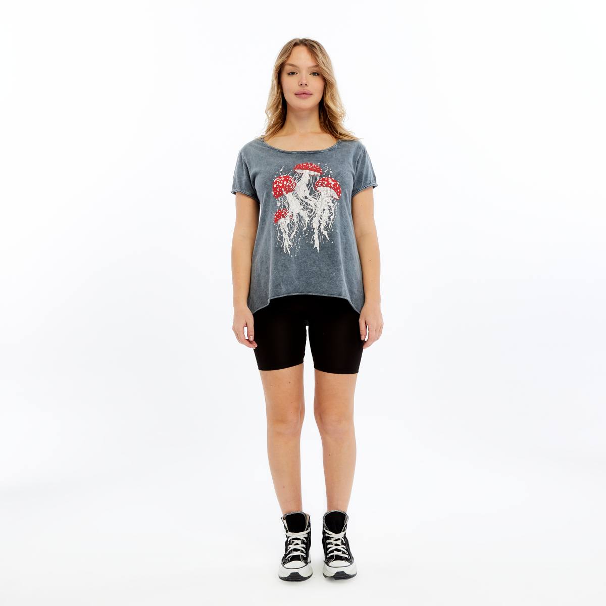 Stone Washed Jelly Fish Mushroom Print Women's Top