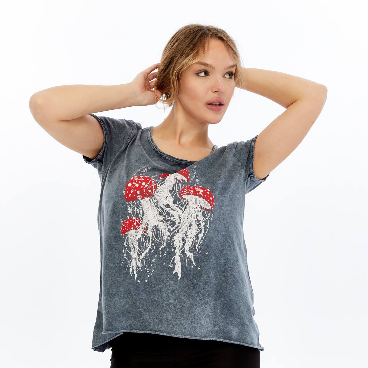 Stone Washed Jelly Fish Mushroom Print Women's Top