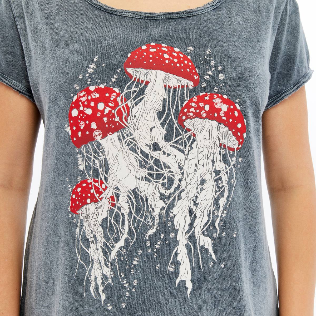Stone Washed Jelly Fish Mushroom Print Women's Top