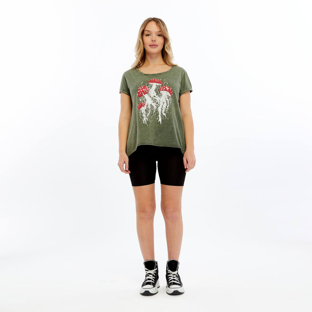 Stone Washed Jelly Fish Mushroom Print Women's Top