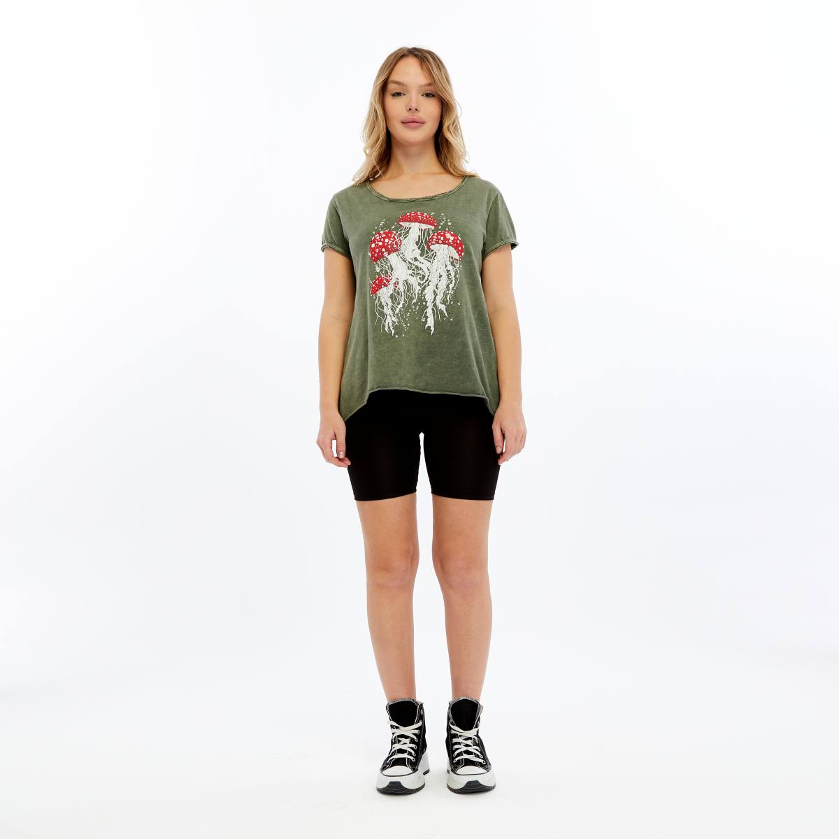 Stone Washed Jelly Fish Mushroom Print Women's Top