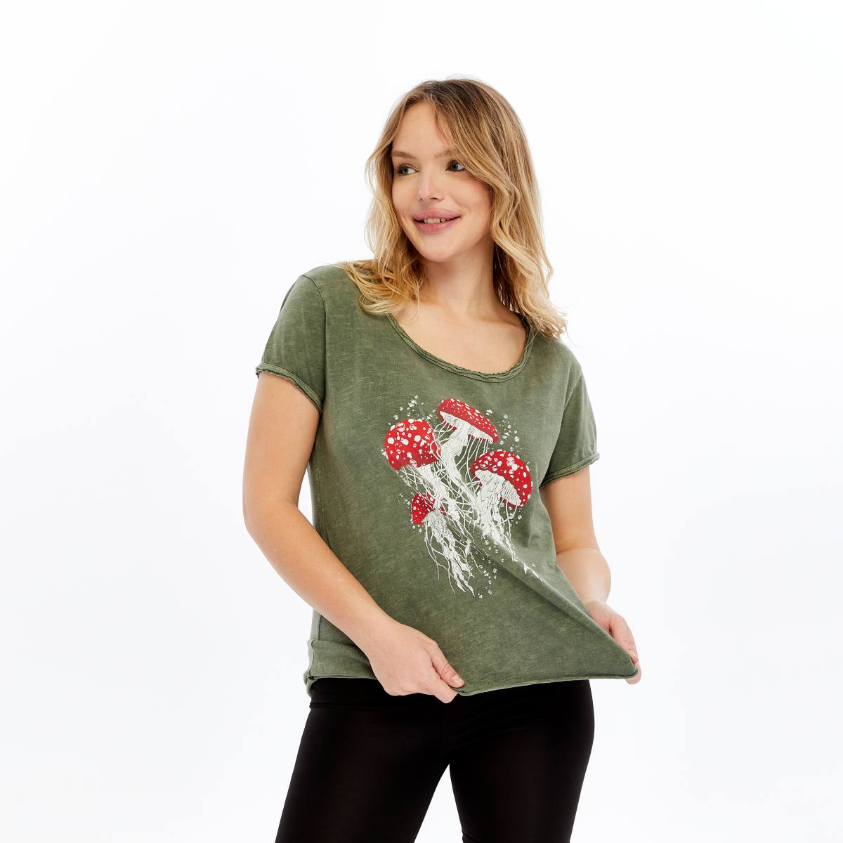 Stone Washed Jelly Fish Mushroom Print Women's Top