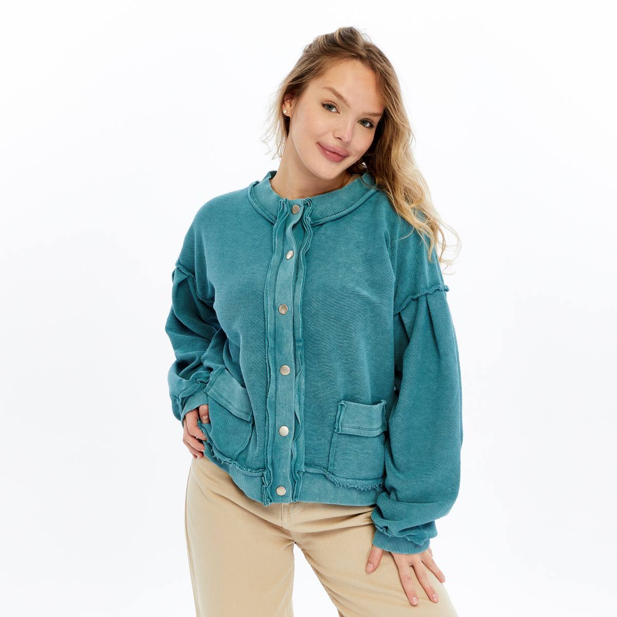 Stone Washed Line Details Women Buttoned Cardigan