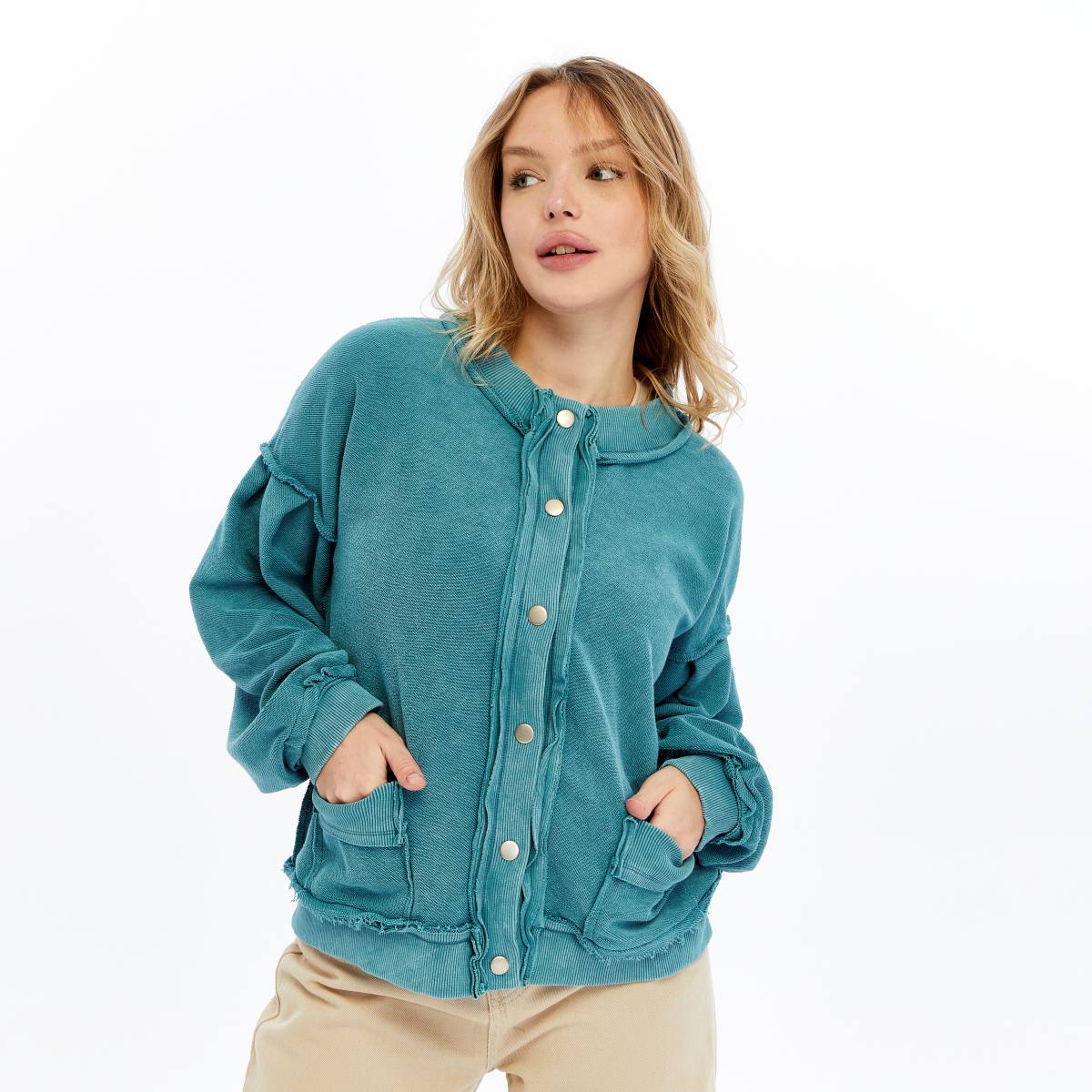 Stone Washed Line Details Women Buttoned Cardigan