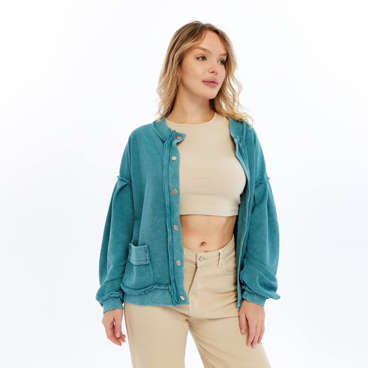 Stone Washed Line Details Women Buttoned Cardigan