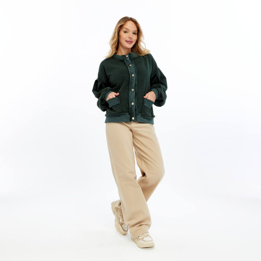 Stone Washed Line Details Women Buttoned Cardigan