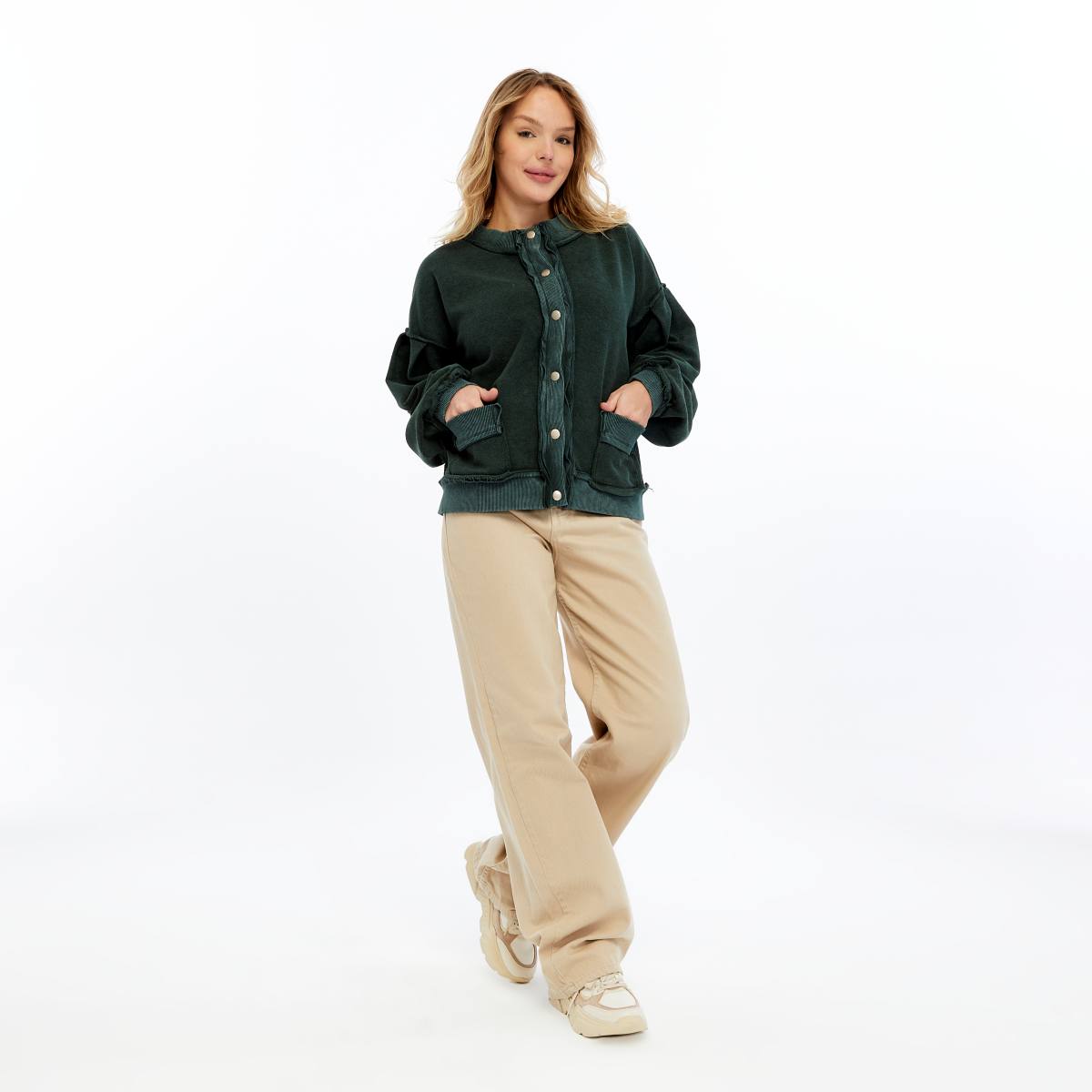 Stone Washed Line Details Women Buttoned Cardigan