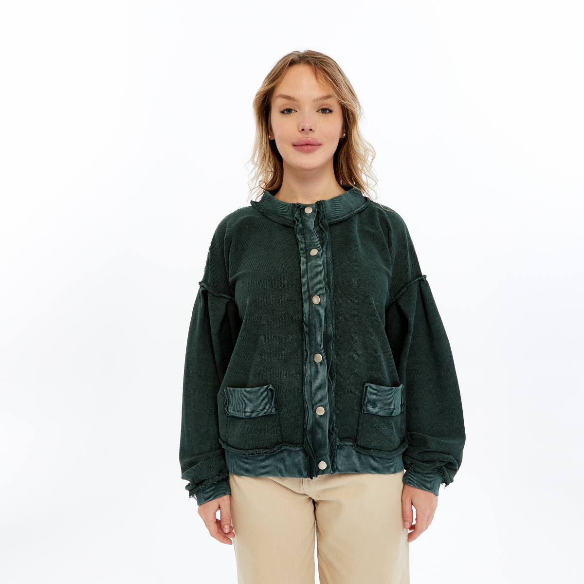 Stone Washed Line Details Women Buttoned Cardigan