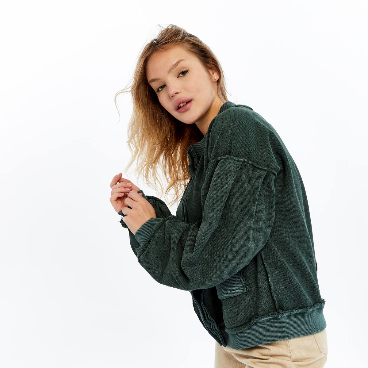 Stone Washed Line Details Women Buttoned Cardigan