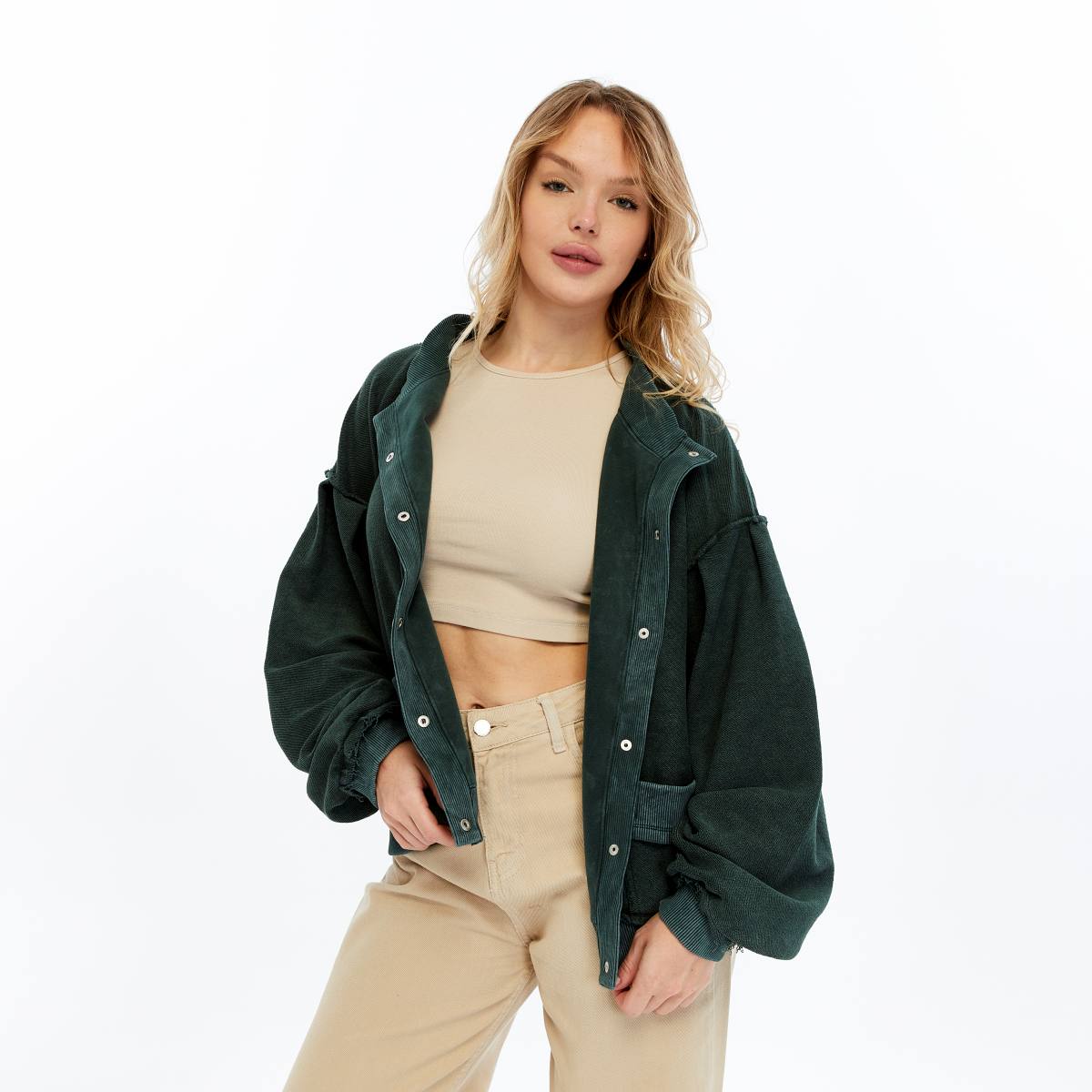 Stone Washed Line Details Women Buttoned Cardigan