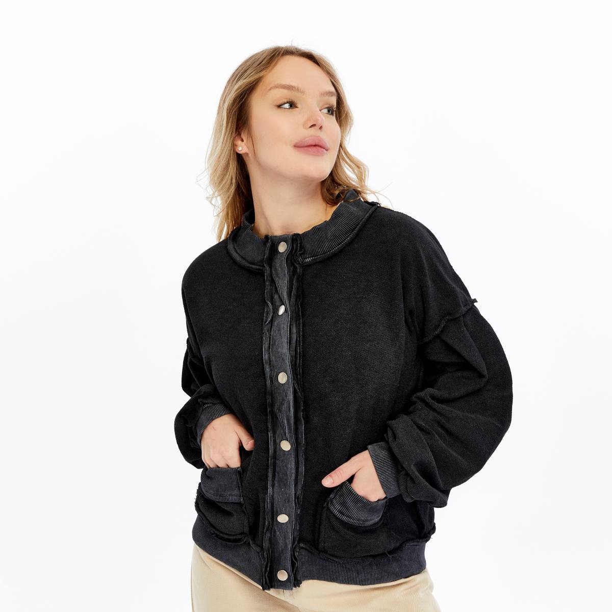 Stone Washed Line Details Women Buttoned Cardigan