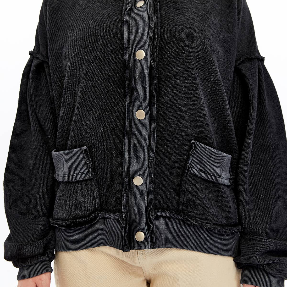 Stone Washed Line Details Women Buttoned Cardigan