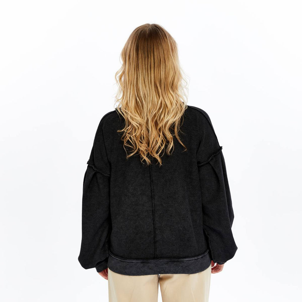 Stone Washed Line Details Women Buttoned Cardigan