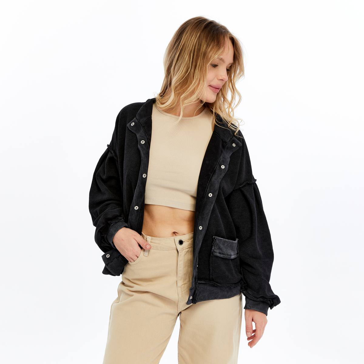 Stone Washed Line Details Women Buttoned Cardigan