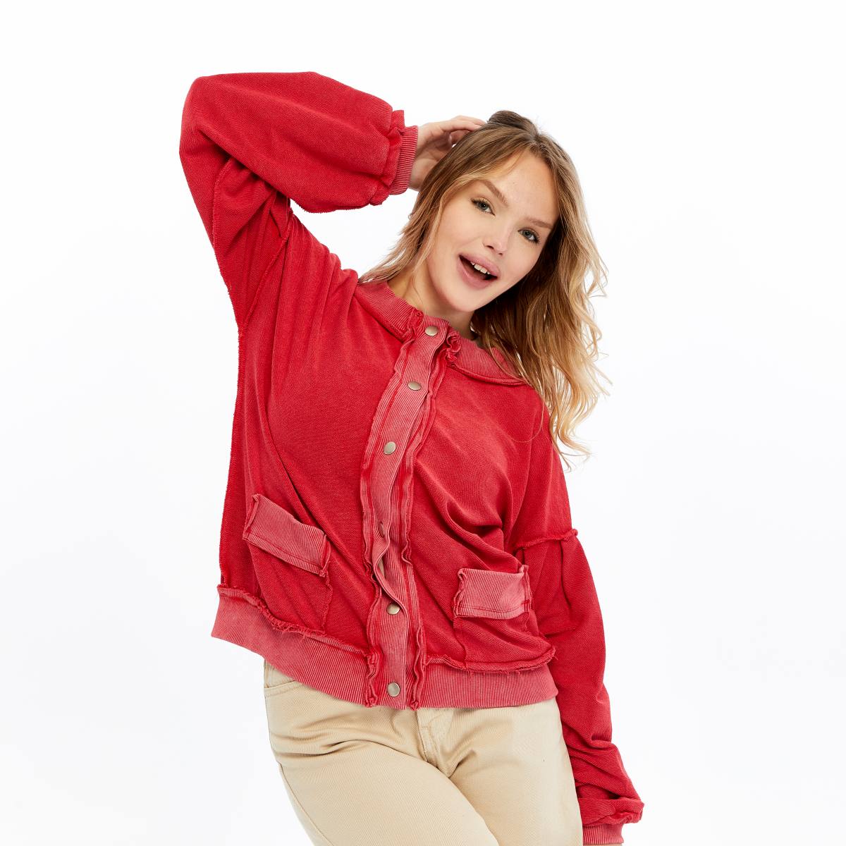 Stone Washed Line Details Women Buttoned Cardigan