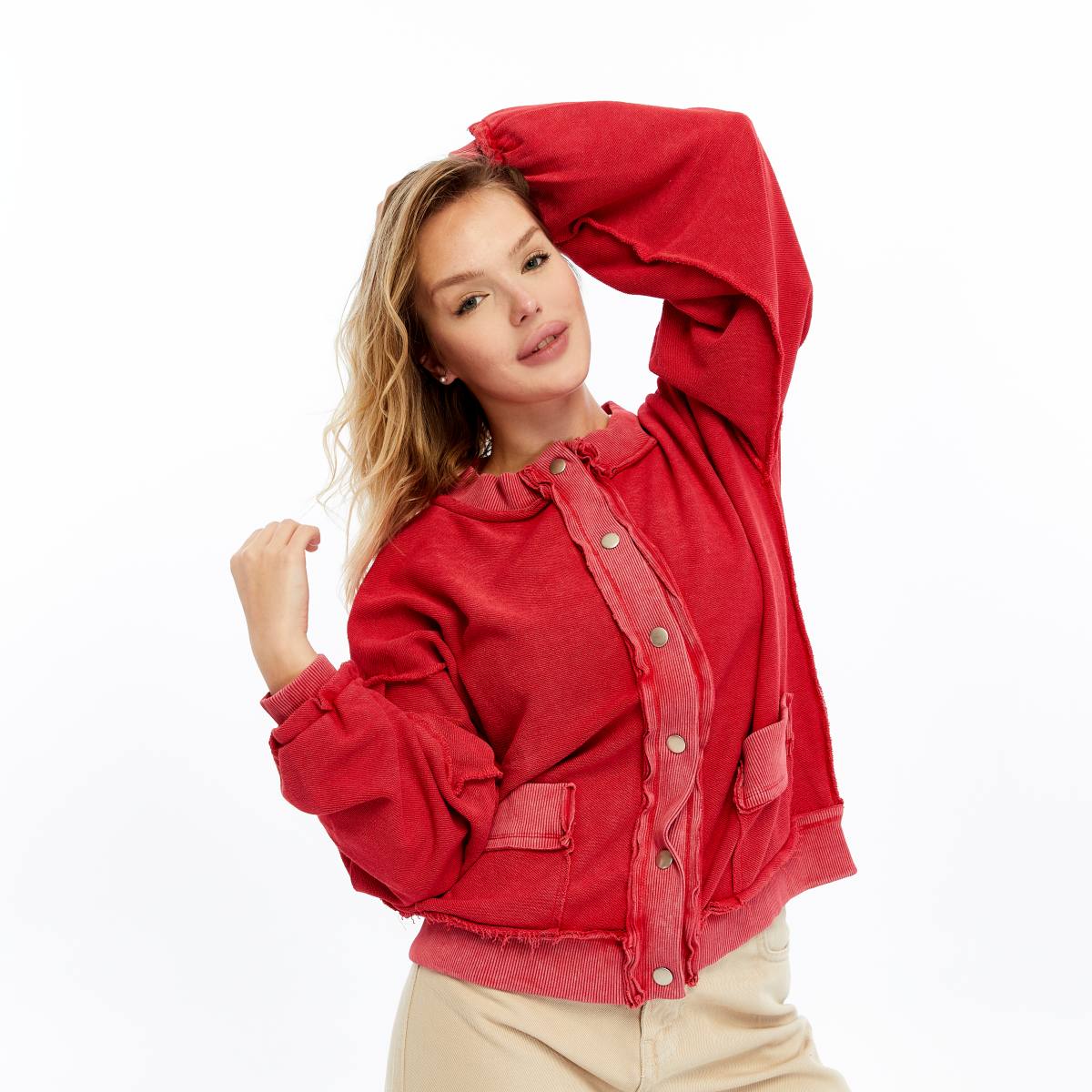 Stone Washed Line Details Women Buttoned Cardigan