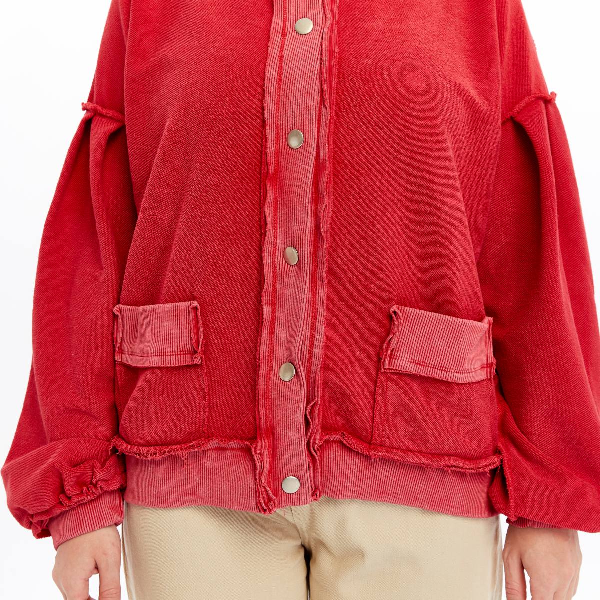 Stone Washed Line Details Women Buttoned Cardigan