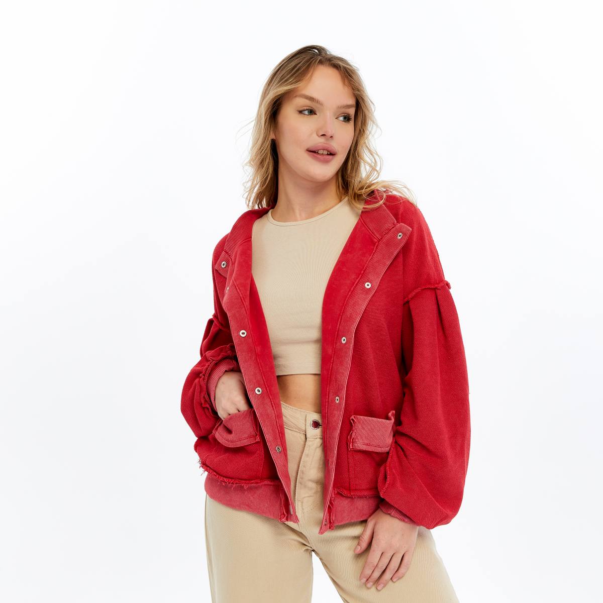 Stone Washed Line Details Women Buttoned Cardigan