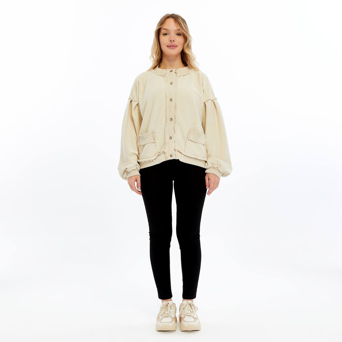 Stone Washed Line Details Women Buttoned Cardigan