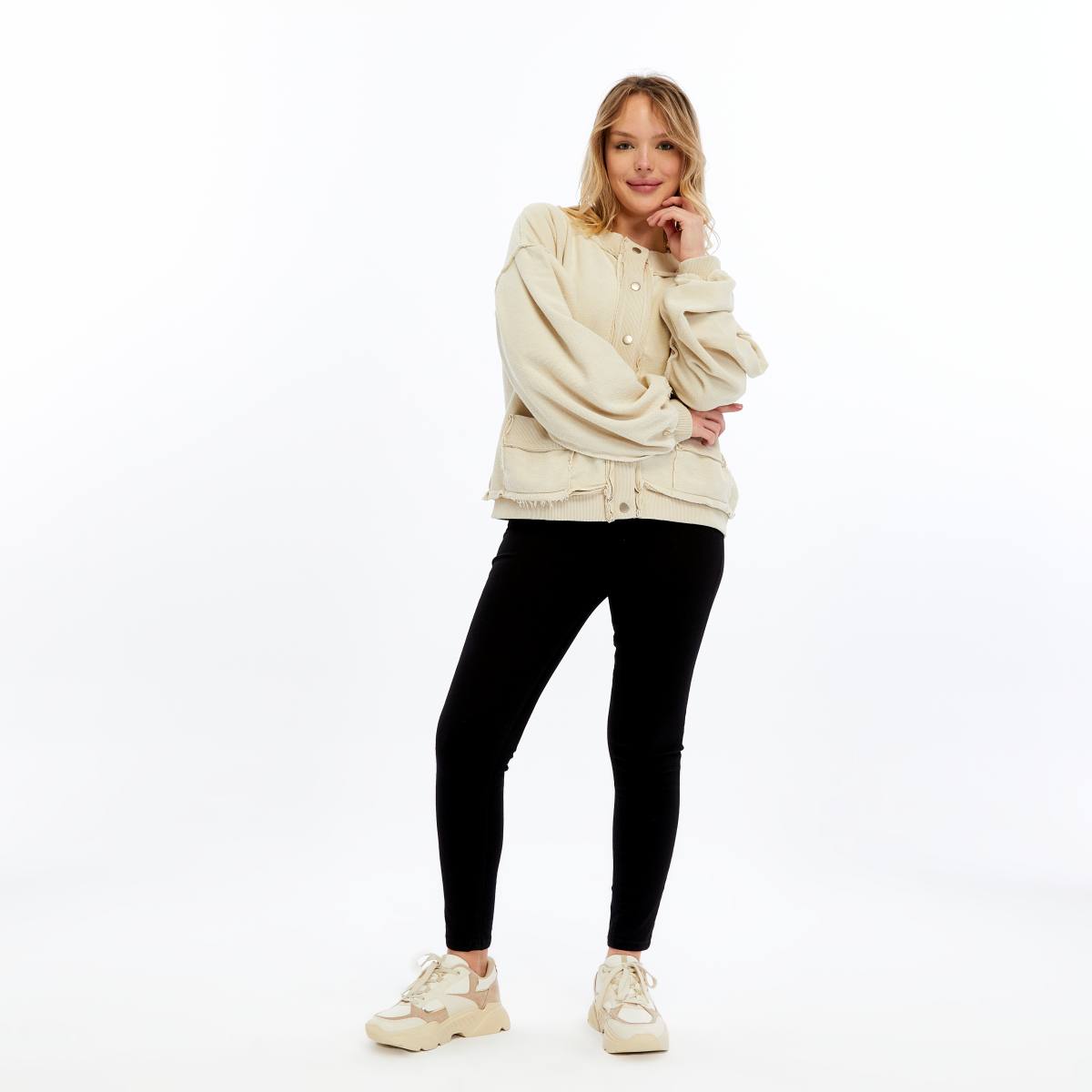 Stone Washed Line Details Women Buttoned Cardigan