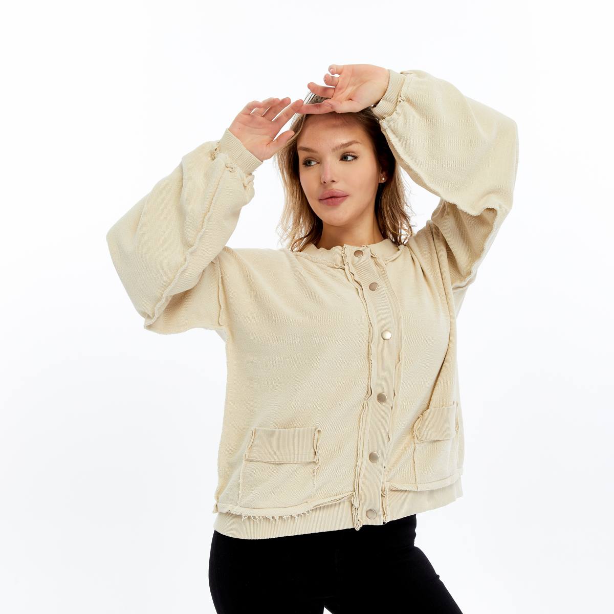 Stone Washed Line Details Women Buttoned Cardigan