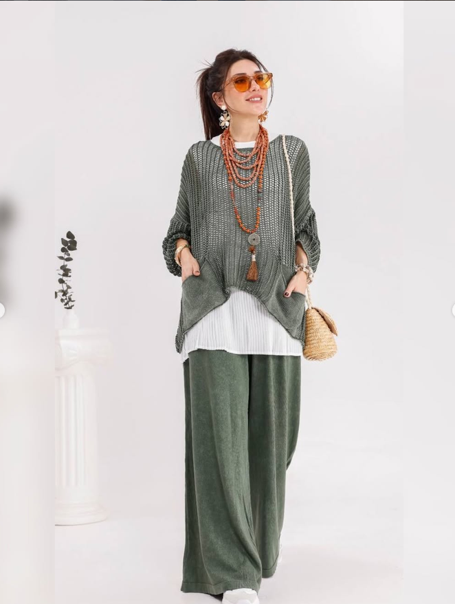 Fish Net Two Pockets  Cotton Knitted Pull over Women Jumper