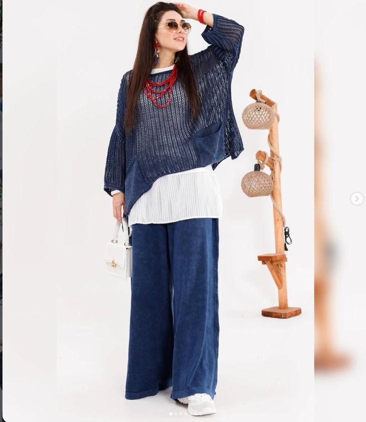 Fish Net Two Pockets  Cotton Knitted Pull over Women Jumper