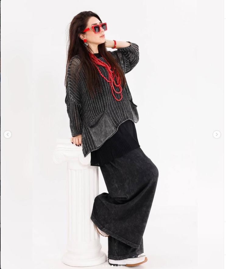 Fish Net Two Pockets  Cotton Knitted Pull over Women Jumper