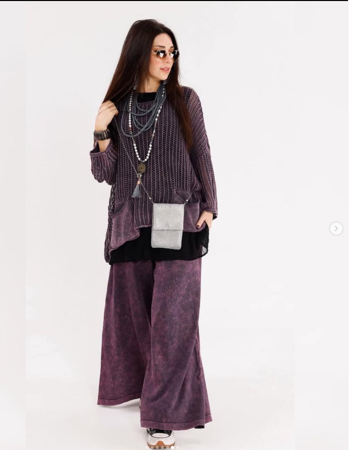 Fish Net Two Pockets  Cotton Knitted Pull over Women Jumper