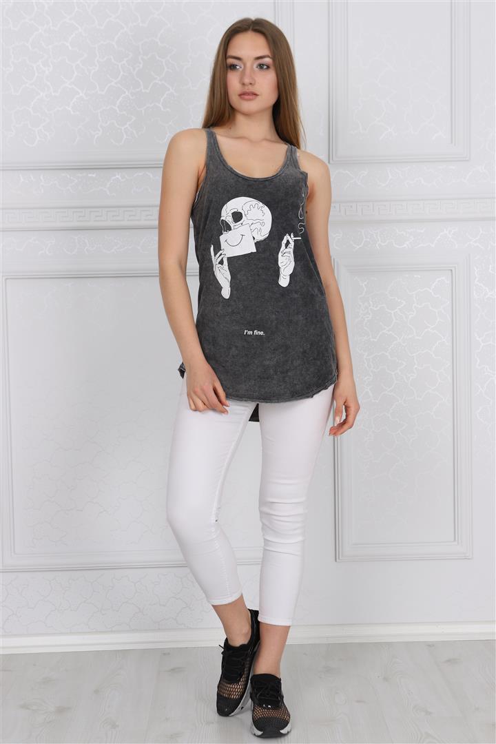Anthracite Stone Washed I'm Fine Skull Printed Cotton Women Vest