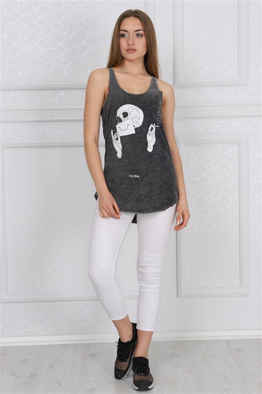 STONE WASHED I'M FINE SKULL PRINT WOMEN COTTON TOP TANK