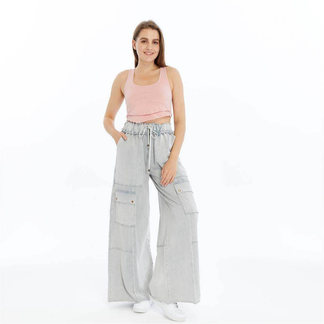 Detailed Straight Flare Leg with pockets   Women Stone Washed Cotton Trouse