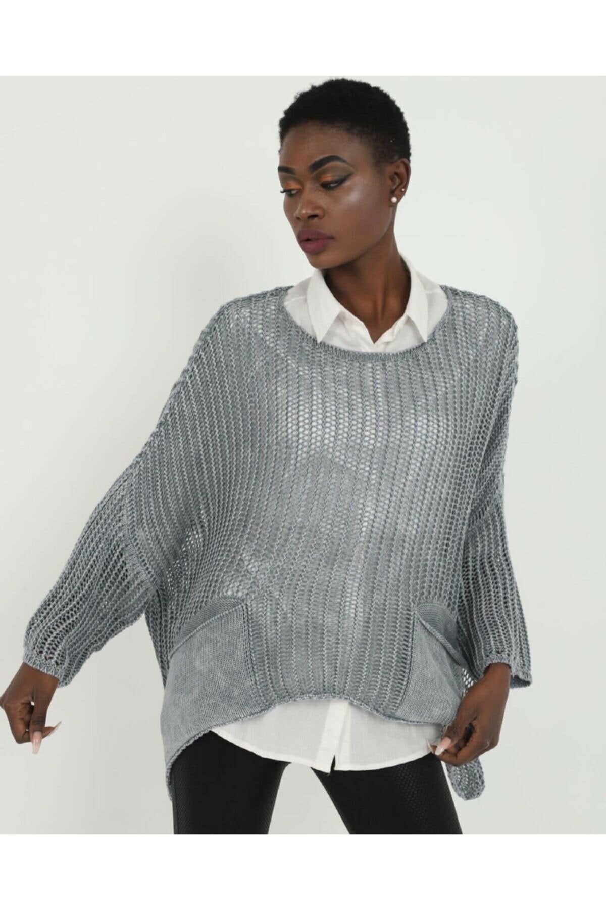 Fish Net Two Pockets  Cotton Knitted Pull over Women Jumper