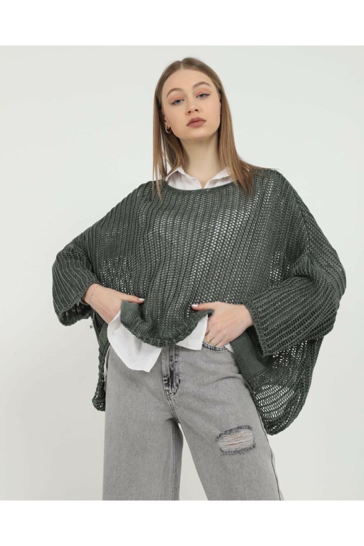 Fish Net Two Pockets  Cotton Knitted Pull over Women Jumper