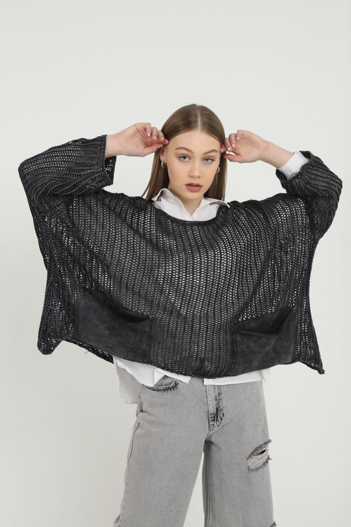 Fish Net Two Pockets  Cotton Knitted Pull over Women Jumper