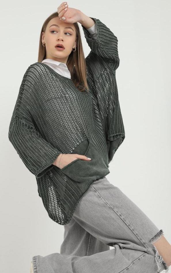 Fish Net Two Pockets  Cotton Knitted Pull over Women Jumper