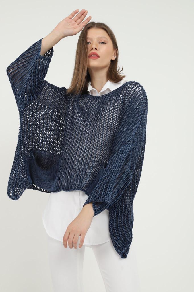 Fish Net Two Pockets  Cotton Knitted Pull over Women Jumper